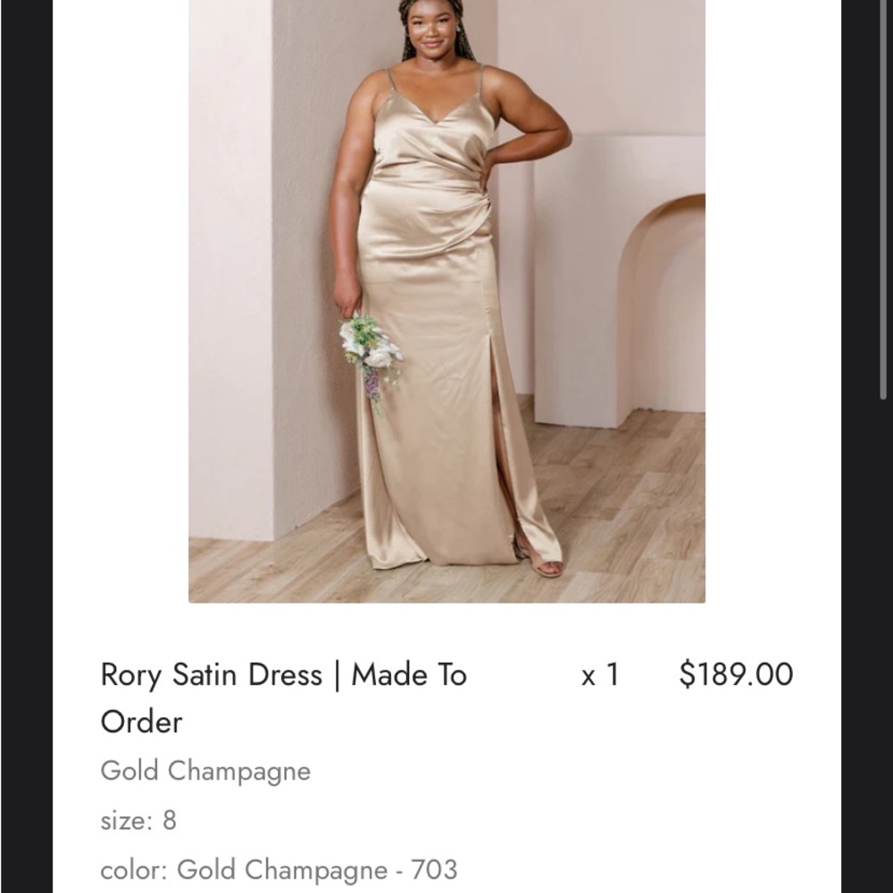 Revelry Rory Bridesmaid’s dress in gold champagne satin size 8